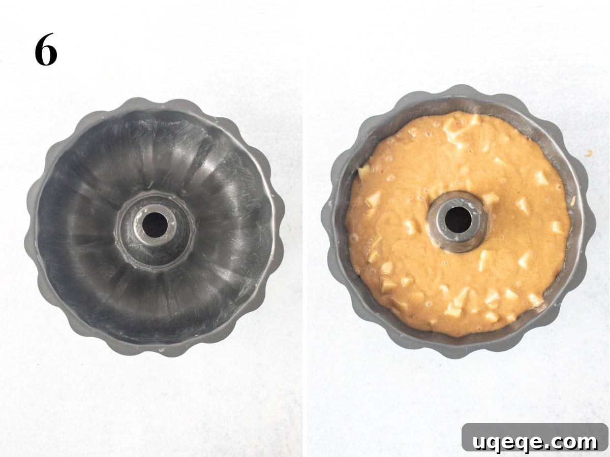 Autumn Apple Harvest Bundt 6 Two images: a greased bundt pan ready for batter, and the unbaked apple bundt cake batter smoothly filling the prepared pan.