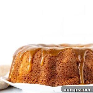 Apple bundt cake drizzled with a brown sugar caramel sauce, a perfect fall treat.