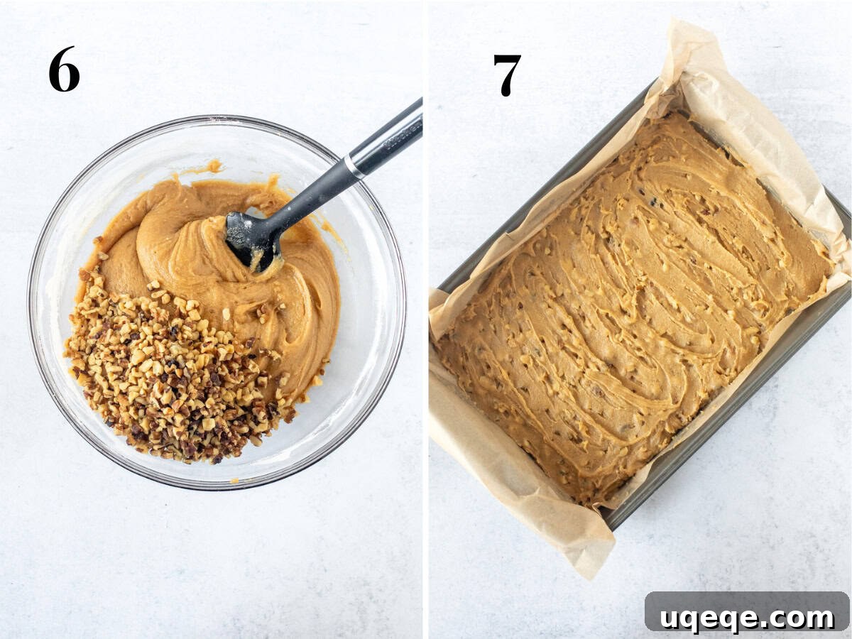 Golden Brown Butter Maple Blondies 5 The blondie batter evenly spread in a baking pan, ready for the oven.