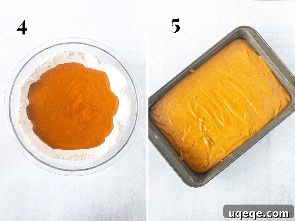 Warm Spiced Pumpkin Delight 8 Pumpkin cake batter freshly poured into a baking pan, ready for the oven.
