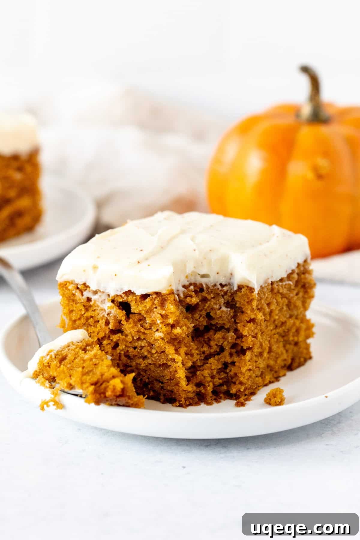 Warm Spiced Pumpkin Delight 10 A close-up of pumpkin cake with a bite taken, showing the moist crumb and creamy frosting.