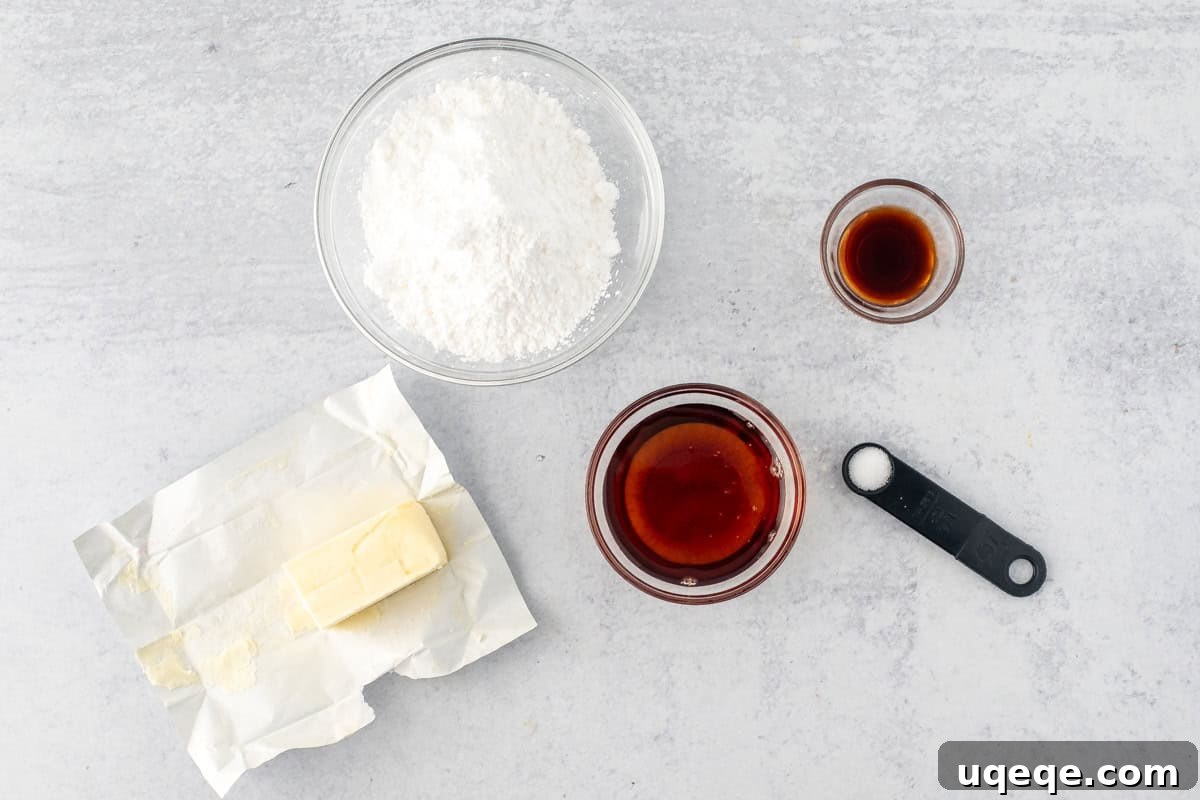 Double Maple Delight Cookies 4 Ingredients laid out for making a maple glaze, including powdered sugar, maple syrup, butter, vanilla, and salt