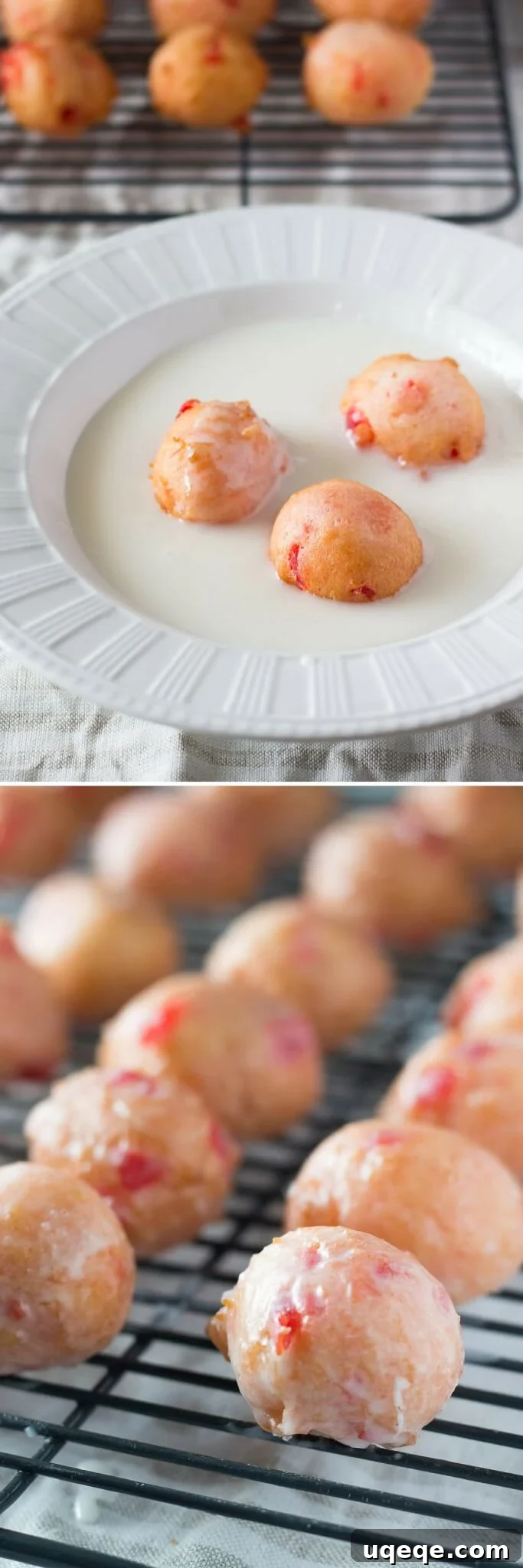Cherry Doughnut Poppers 3 Close-up of freshly made Cherry Doughnut Holes, showing their fluffy texture, pink color, and glistening sweet glaze.