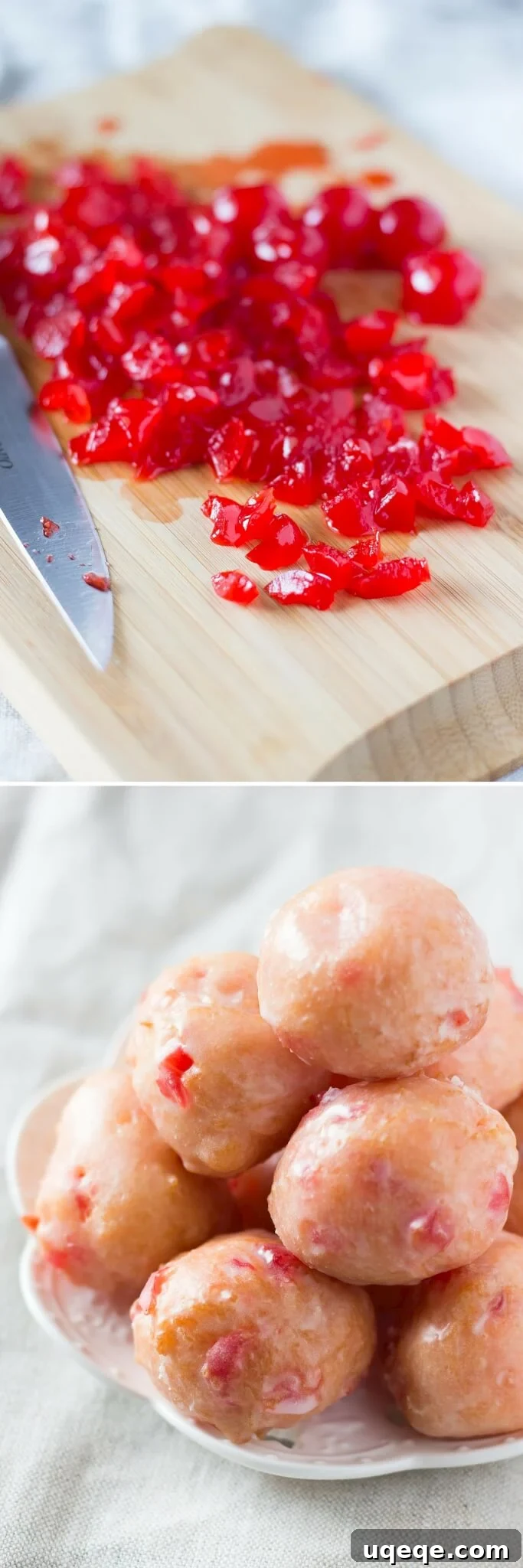Cherry Doughnut Poppers 4 A batch of raw Cherry Doughnut Hole batter being prepared for frying, showing its pink color and small cherry pieces.