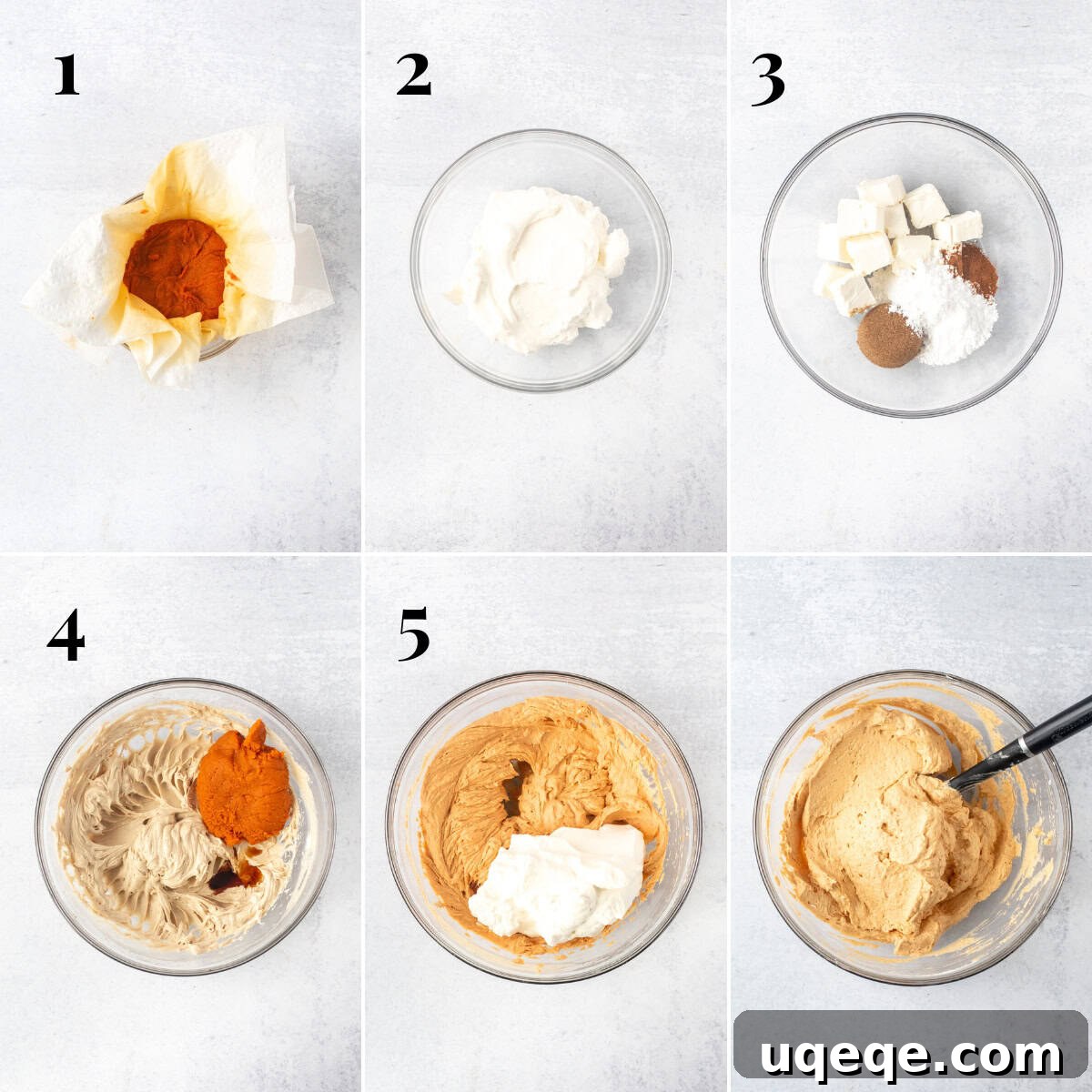 A collage of three step-by-step photos illustrating the process of making the pumpkin icebox cheesecake filling, from mixing ingredients to the final creamy texture.