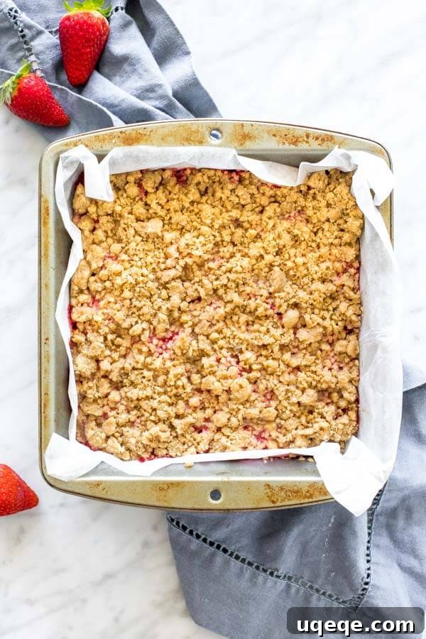 8x8 inch pan of crumb bars, fresh from the oven.