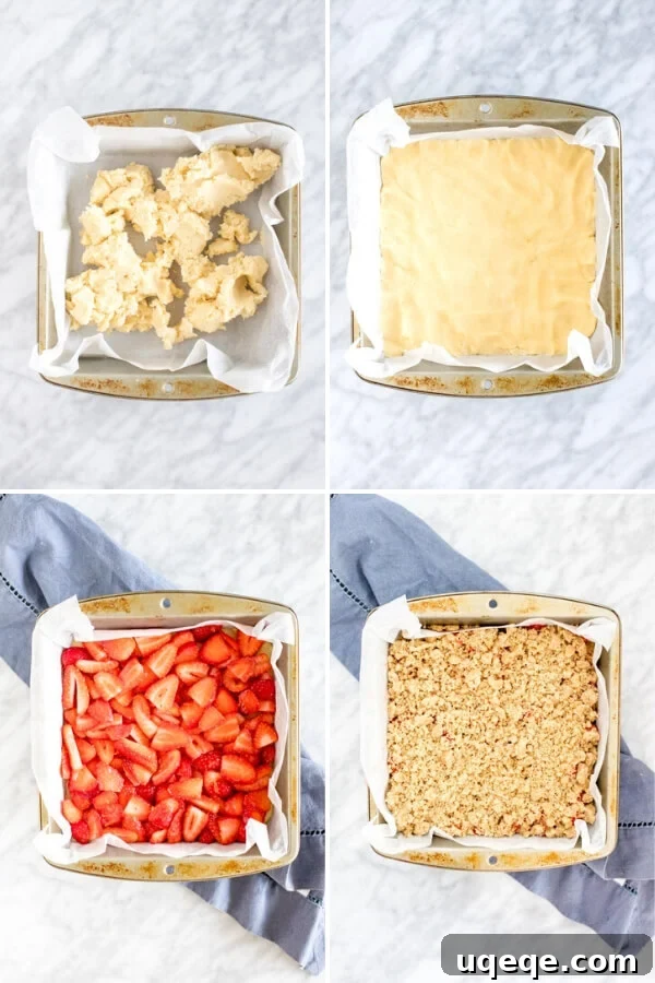 4 step collage showing how to assemble strawberry crumb bars.