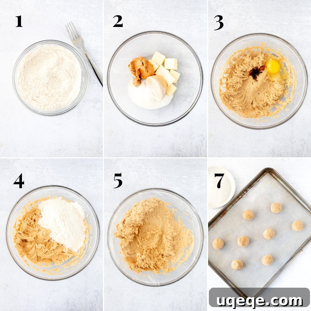 Peanut Butter Bliss Bites 6 A sequence of images demonstrating the process of making peanut butter blossom cookie dough, from mixing to rolling into sugar.