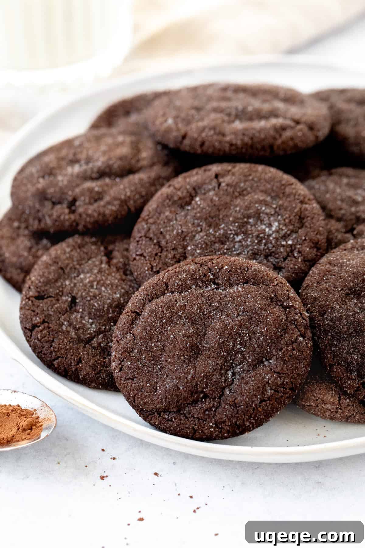 Cocoa Dream Cookies 3 Plate of perfectly chewy rolled chocolate sugar cookies, dusted with sugar