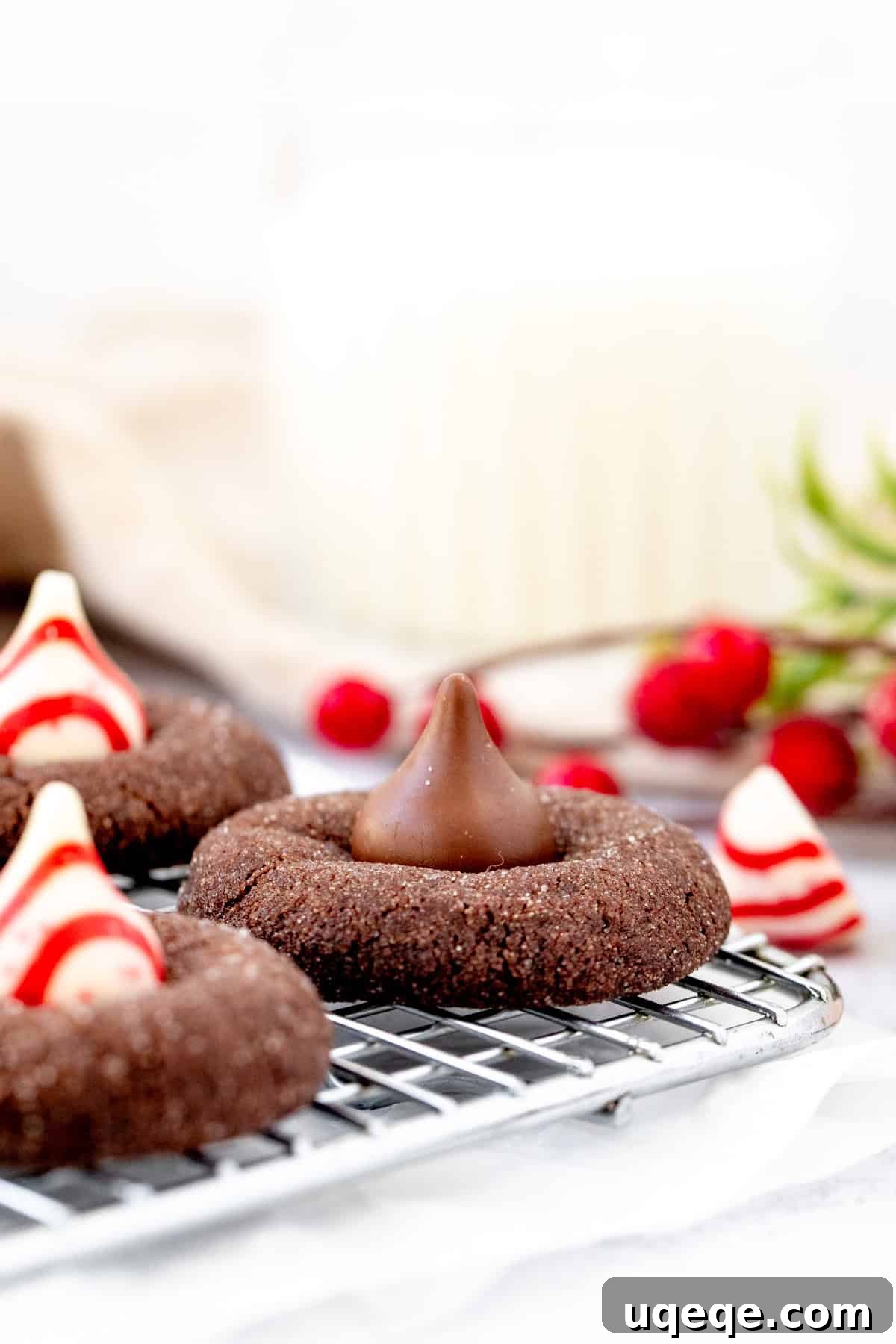 Rich Cocoa Blooms 3 Chocolate blossom cookies and chocolate peppermint blossom cookies on a cooling rack