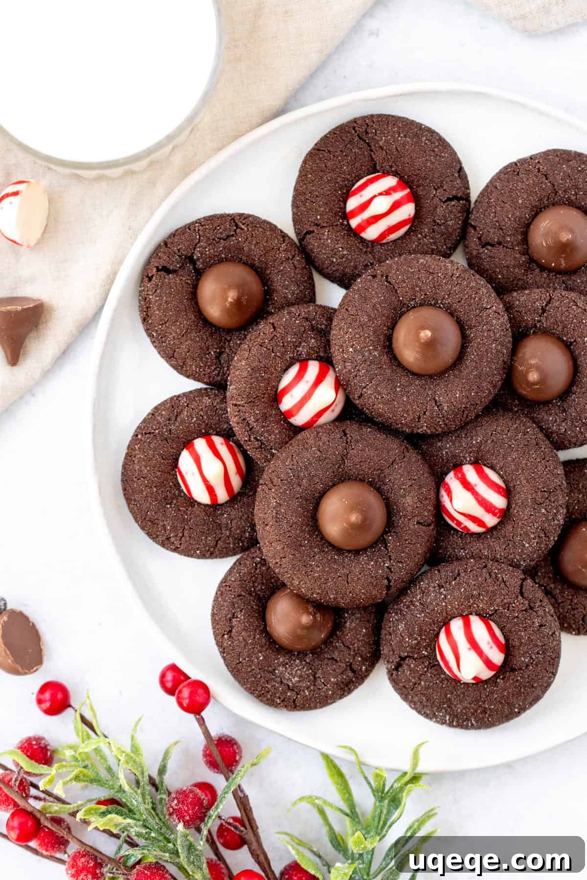 Rich Cocoa Blooms 4 Plate of Hershey's Kiss cookies, with glass of milk