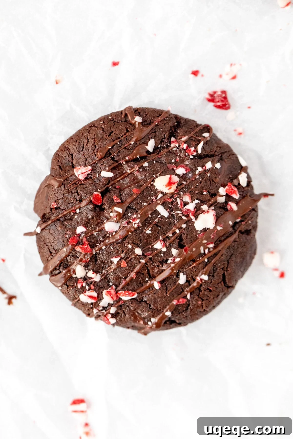 Chewy Double Chocolate Peppermint Delights 2 Chocolate peppermint cookie topped with a drizzle of chocolate and a sprinkle of crushed candy canes