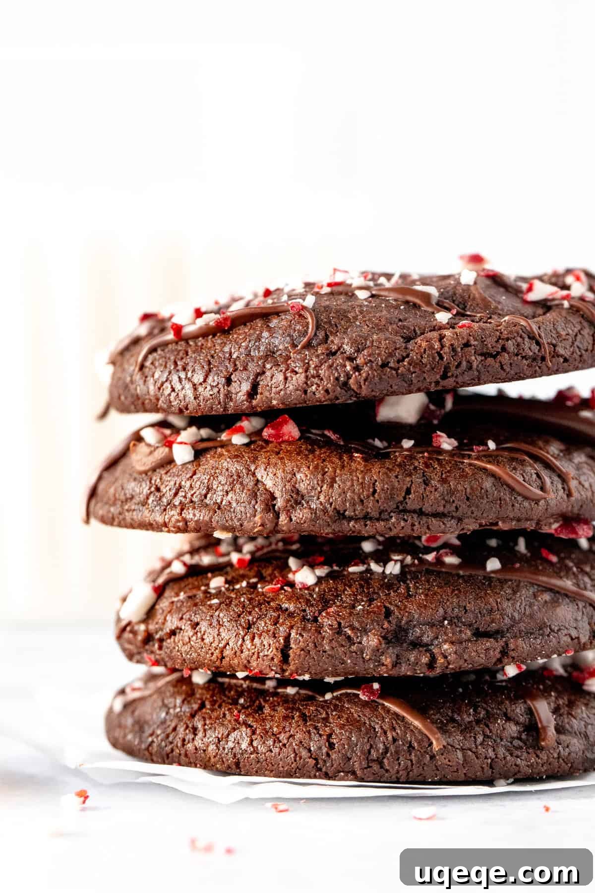 Chewy Double Chocolate Peppermint Delights 6 Stack of thick and fudgy chocolate candy cane cookies