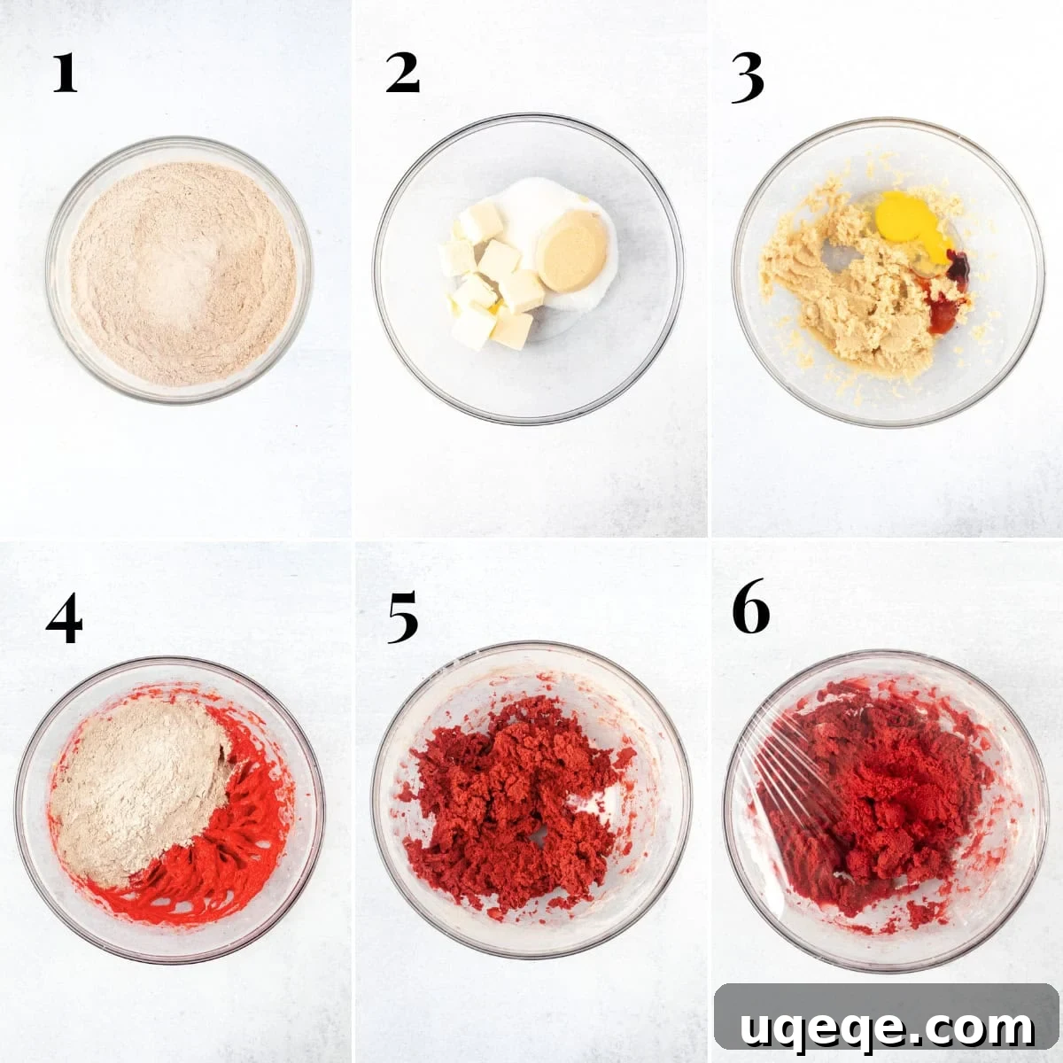 Crimson Unfurl 5 Collage showing step by step photos of how to make red velvet cookie dough