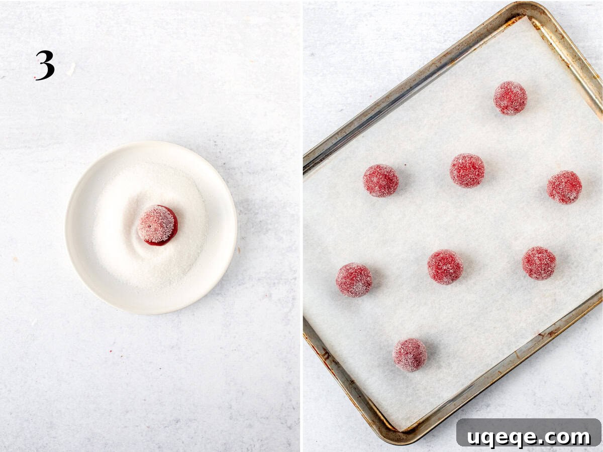 Crimson Unfurl 6 Red velvet cookie dough ball rolled in sugar, and lined cookie sheet with cookie dough balls