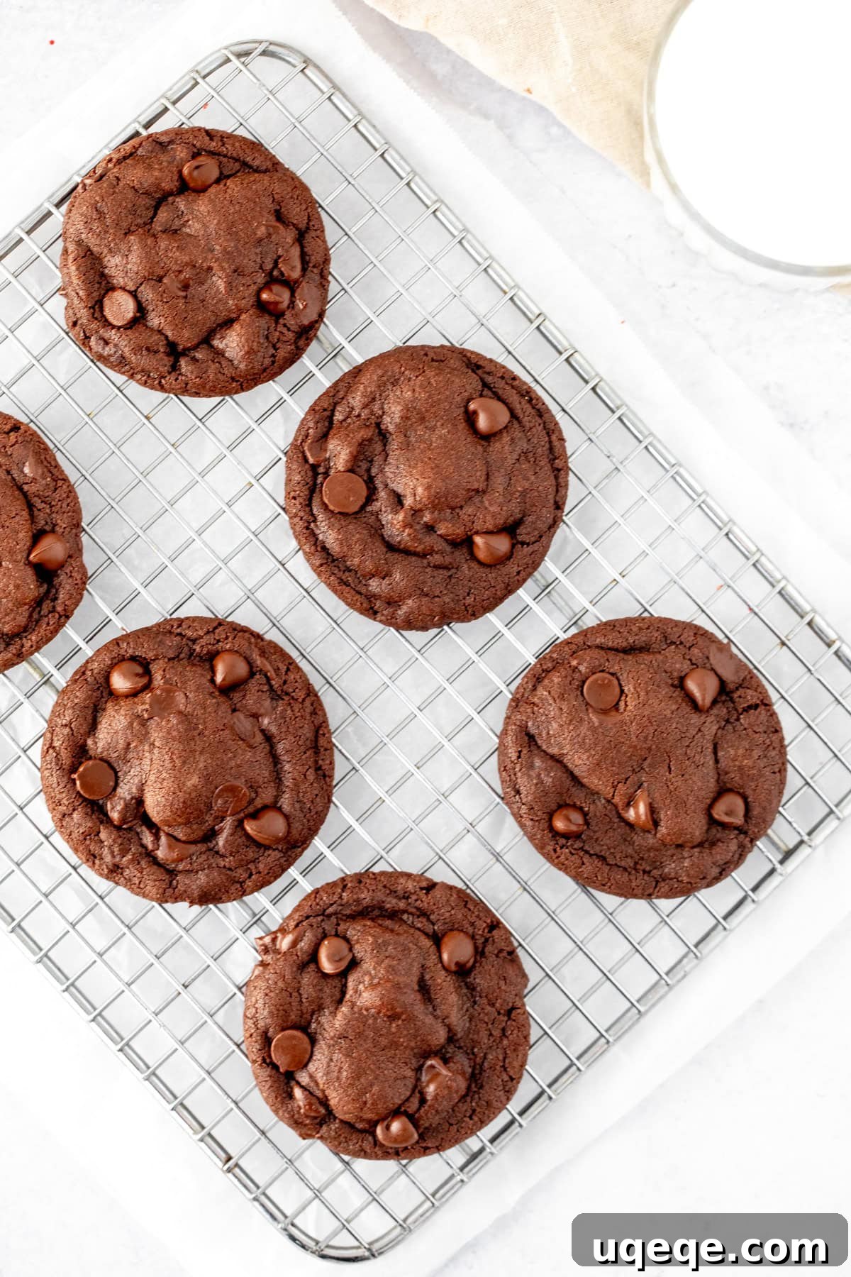 Warm, freshly baked double chocolate cookies cooling on a wire rack, ready to be enjoyed.