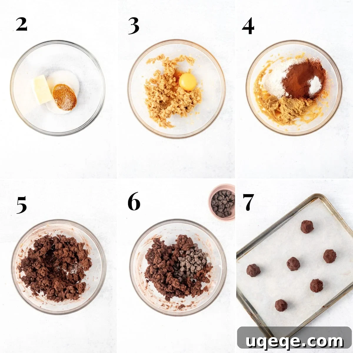 A visual collage illustrating the step-by-step process of making small batch double chocolate cookies, from mixing ingredients to forming dough balls.