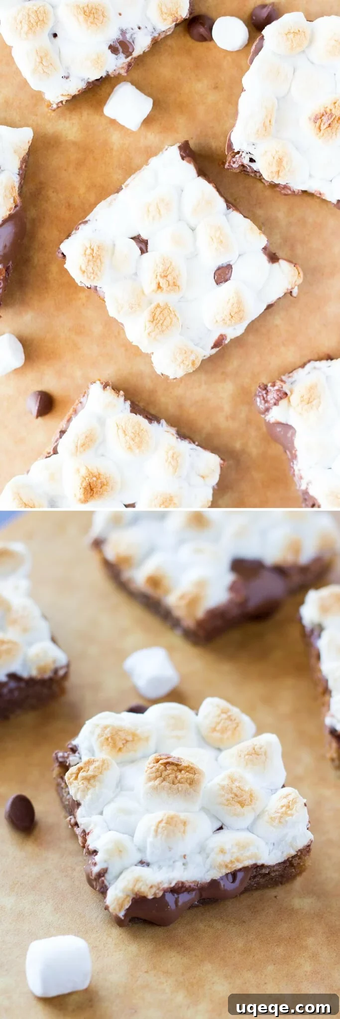 Effortless S'mores Bars 3 Chewy, gooey, Super Easy S'mores Bars - a blondie-like base, melted milk chocolate & toasted marshmallows come together in these amazing treats! Ready in no time and no mixer required!