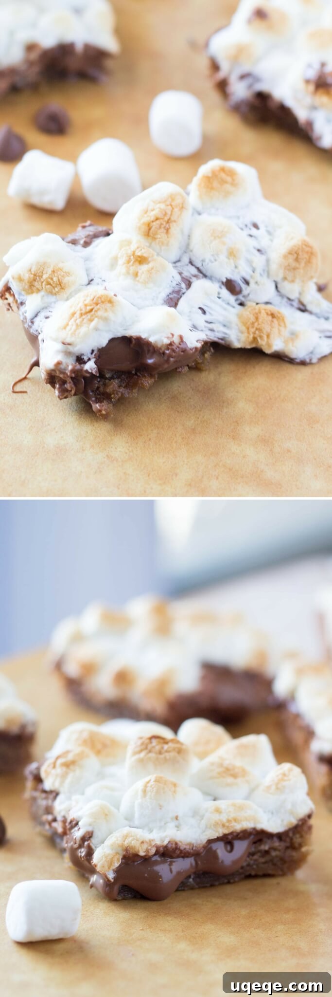 Effortless S'mores Bars 4 Chewy, gooey, Super Easy S'mores Bars - a blondie-like base, melted milk chocolate & toasted marshmallows come together in these amazing treats! Ready in no time and no mixer required!