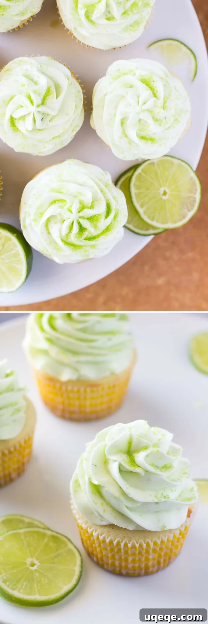 Close-up of a Lemon Lime Cupcake with vibrant green lime buttercream and delicate zest