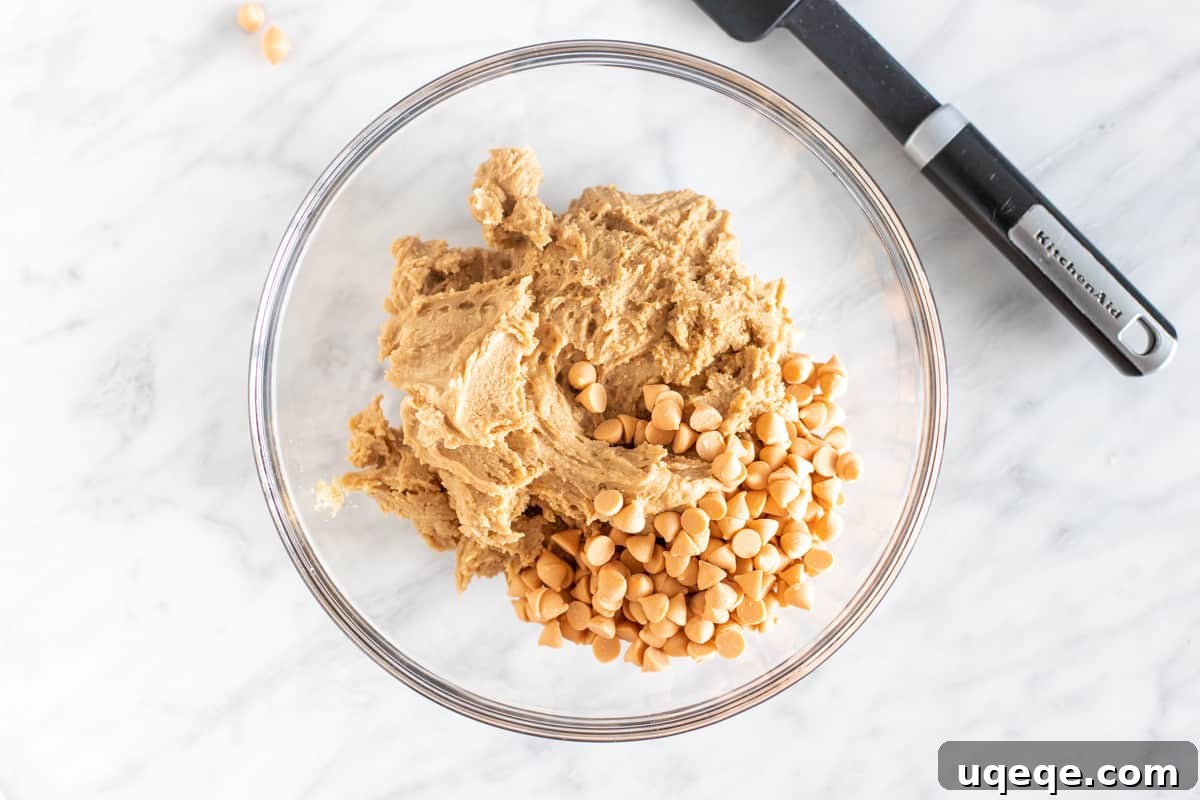 Golden Butterscotch Delights 4 Bowl of cookie dough with butterscotch chips.