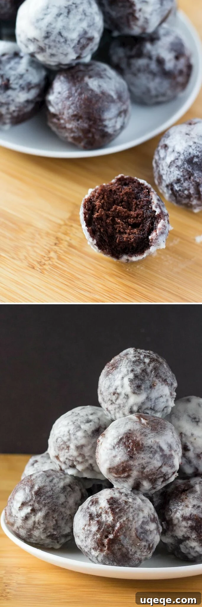 Decadent Chocolate Donut Poppers 3 Perfectly fudgy Chocolate Doughnut Holes dipped in sweet vanilla glaze! Fluffy, oh so moist & so much better than the doughnut shop!