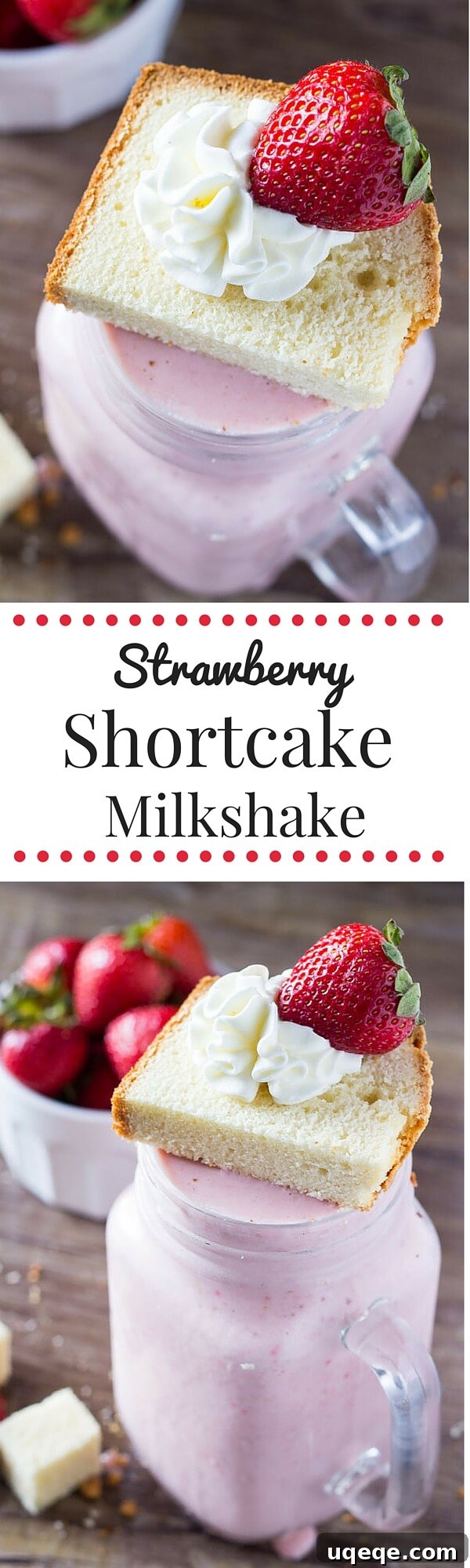 Ingredients for a Strawberry Shortcake Milkshake, including fresh strawberries, vanilla ice cream, and pound cake.