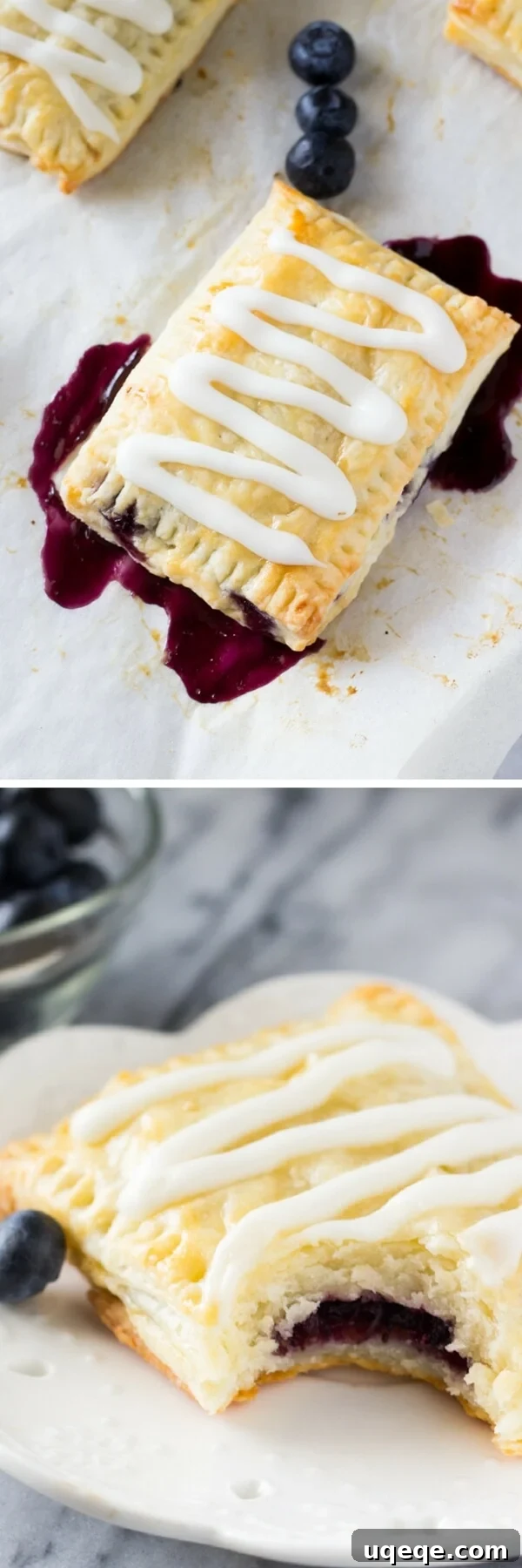 Flaky Homemade Blueberry Toaster Strudels 6 Finished homemade blueberry toaster strudels with vanilla glaze, ready to serve.