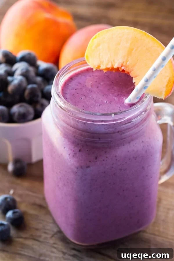 Blueberry Peach Bliss 2 A refreshing dairy-free blueberry peach smoothie made with almond milk, perfect for summer. This 4-ingredient vegan smoothie is naturally sweetened and incredibly delicious.