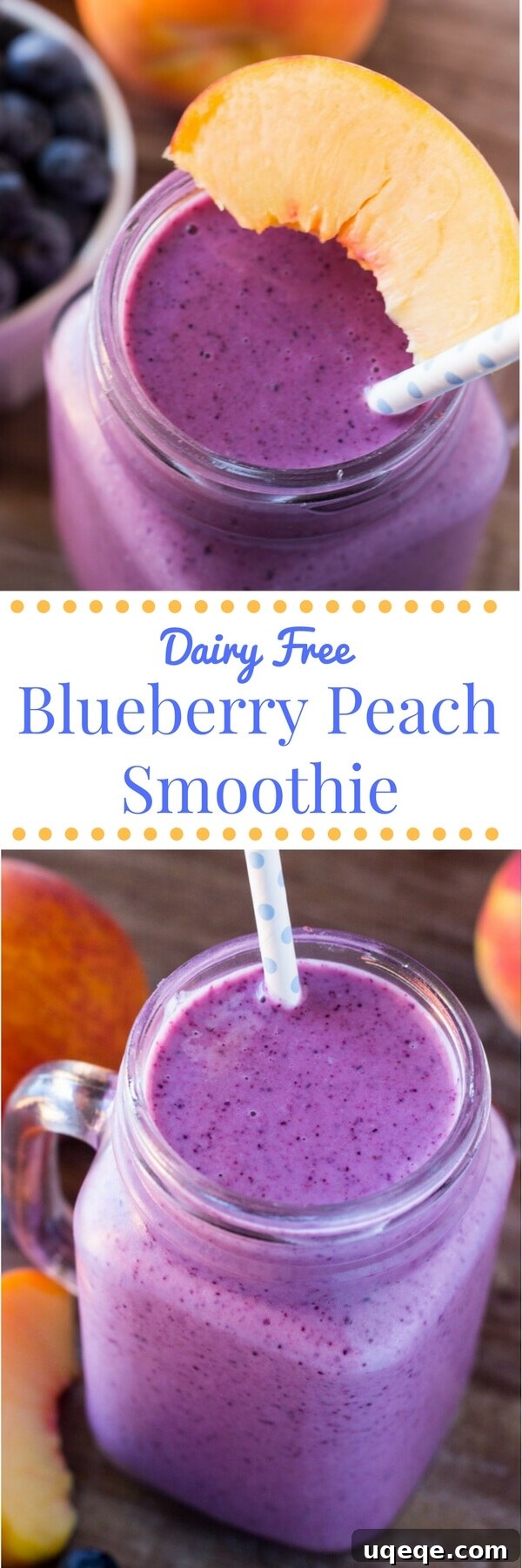 Blueberry Peach Bliss 4 A vibrant and smooth blueberry peach smoothie in a glass, ready to be enjoyed. This healthy, 4-ingredient recipe is dairy-free, vegan, and naturally sweetened.