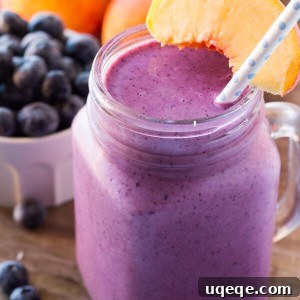Blueberry Peach Bliss 5 A refreshing dairy-free blueberry peach smoothie in a glass, ready to be enjoyed. This recipe is simple, healthy, and uses just 4 ingredients.