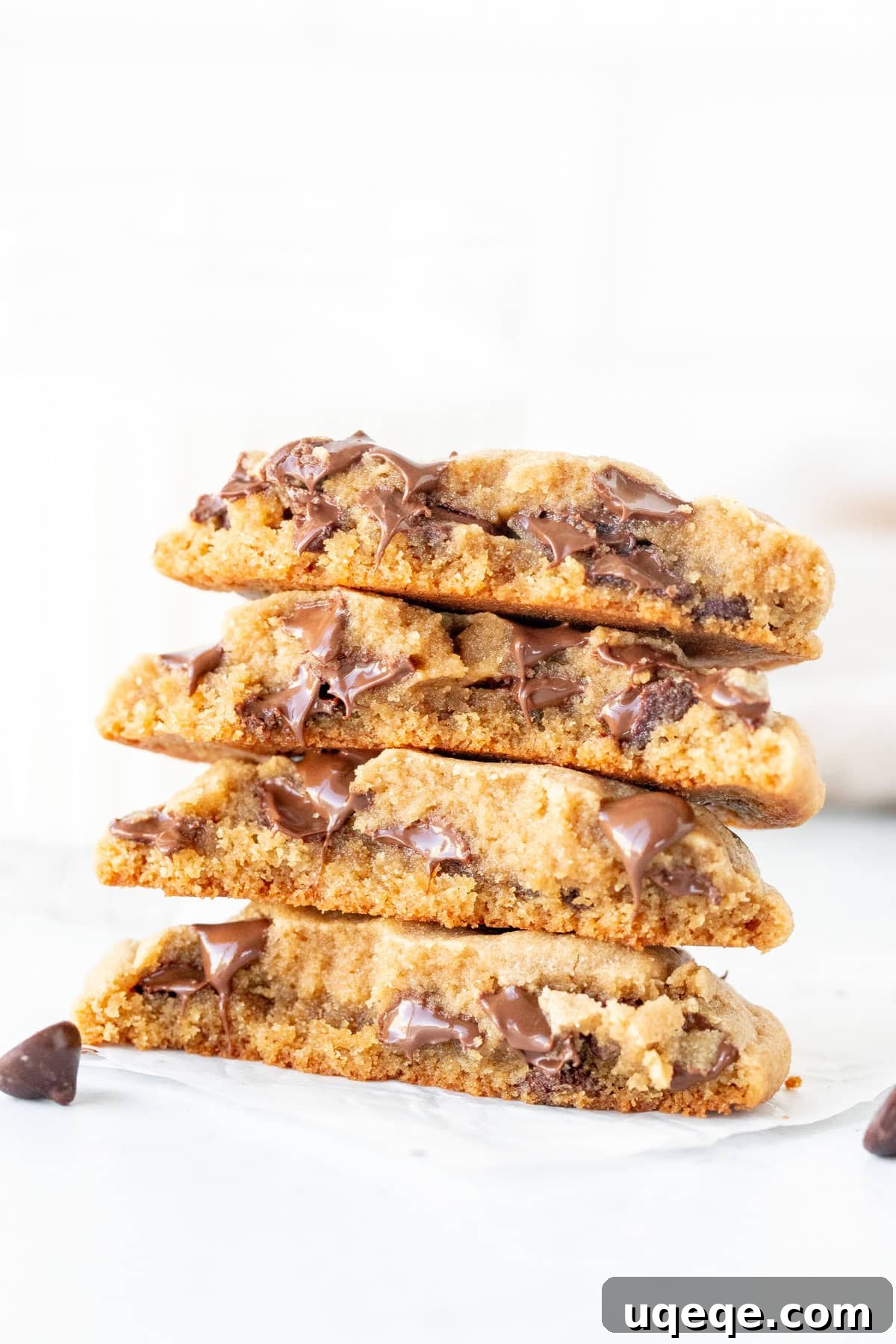Irresistible Peanut Butter Chocolate Chip Cookies 2 Stack of freshly baked giant peanut butter chocolate chip cookies, one broken in half to reveal its soft, chewy interior and abundant chocolate chips.