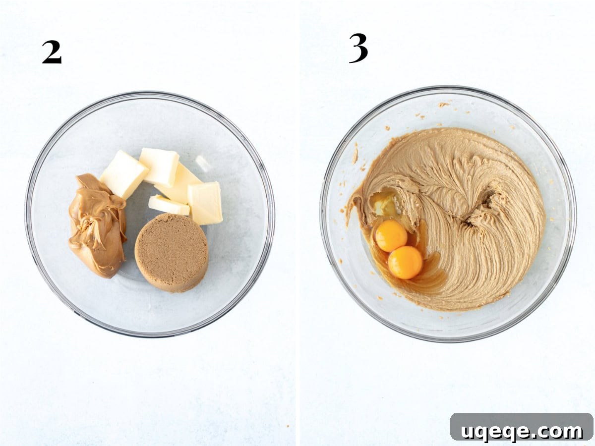 Irresistible Peanut Butter Chocolate Chip Cookies 4 Two bowls: one showing butter, peanut butter, and brown sugar before mixing, and the other showing the mixture after being beaten with eggs and vanilla added, looking smooth and creamy.