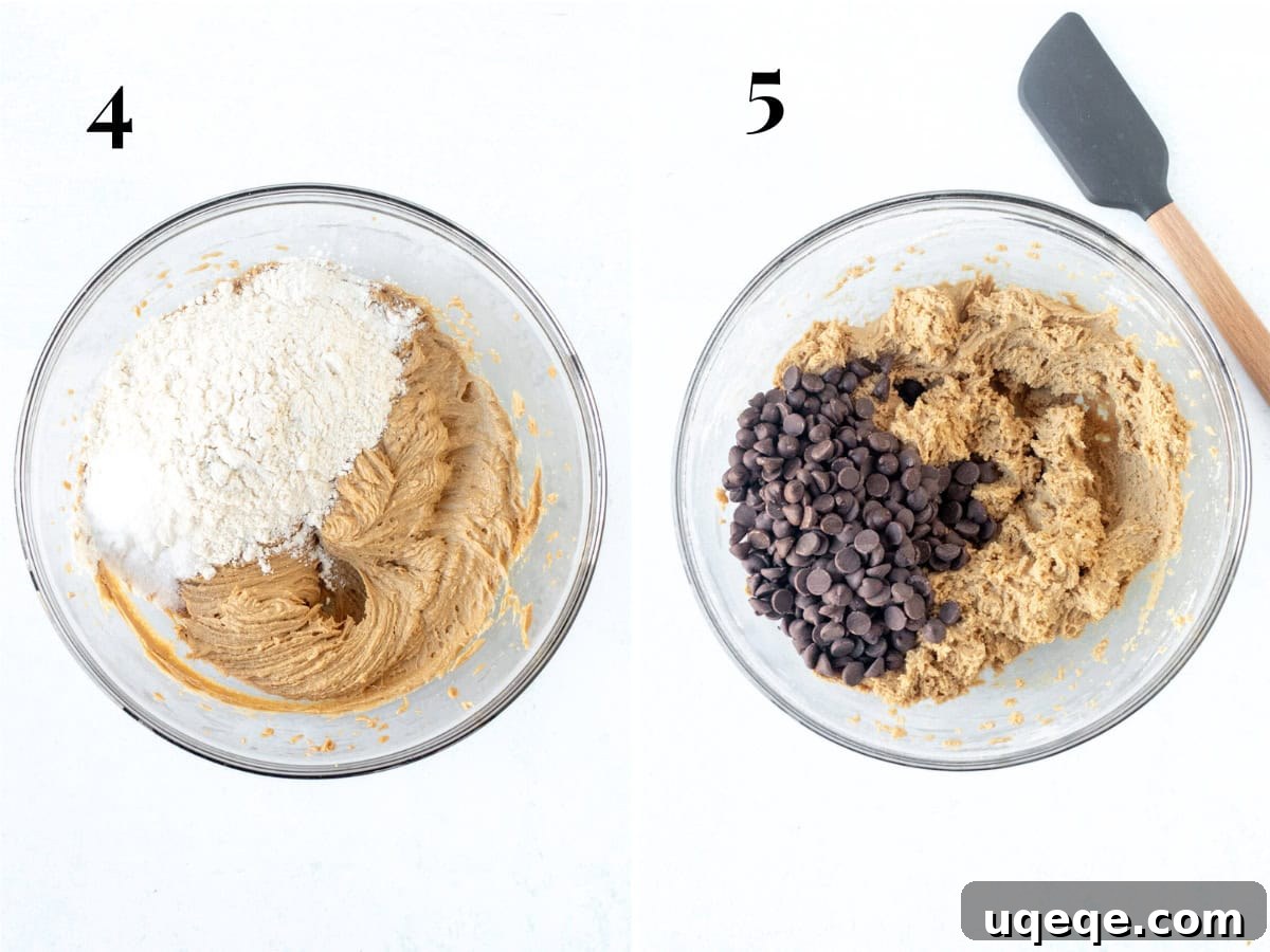Irresistible Peanut Butter Chocolate Chip Cookies 5 Cookie dough in a mixing bowl after dry ingredients and chocolate chips have been added, ready for scooping.