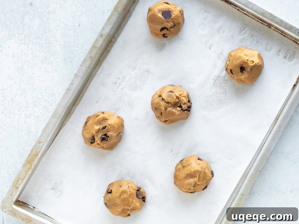 Irresistible Peanut Butter Chocolate Chip Cookies 6 Cookie tray with evenly spaced dough balls of peanut butter chocolate chip cookies, ready for baking.