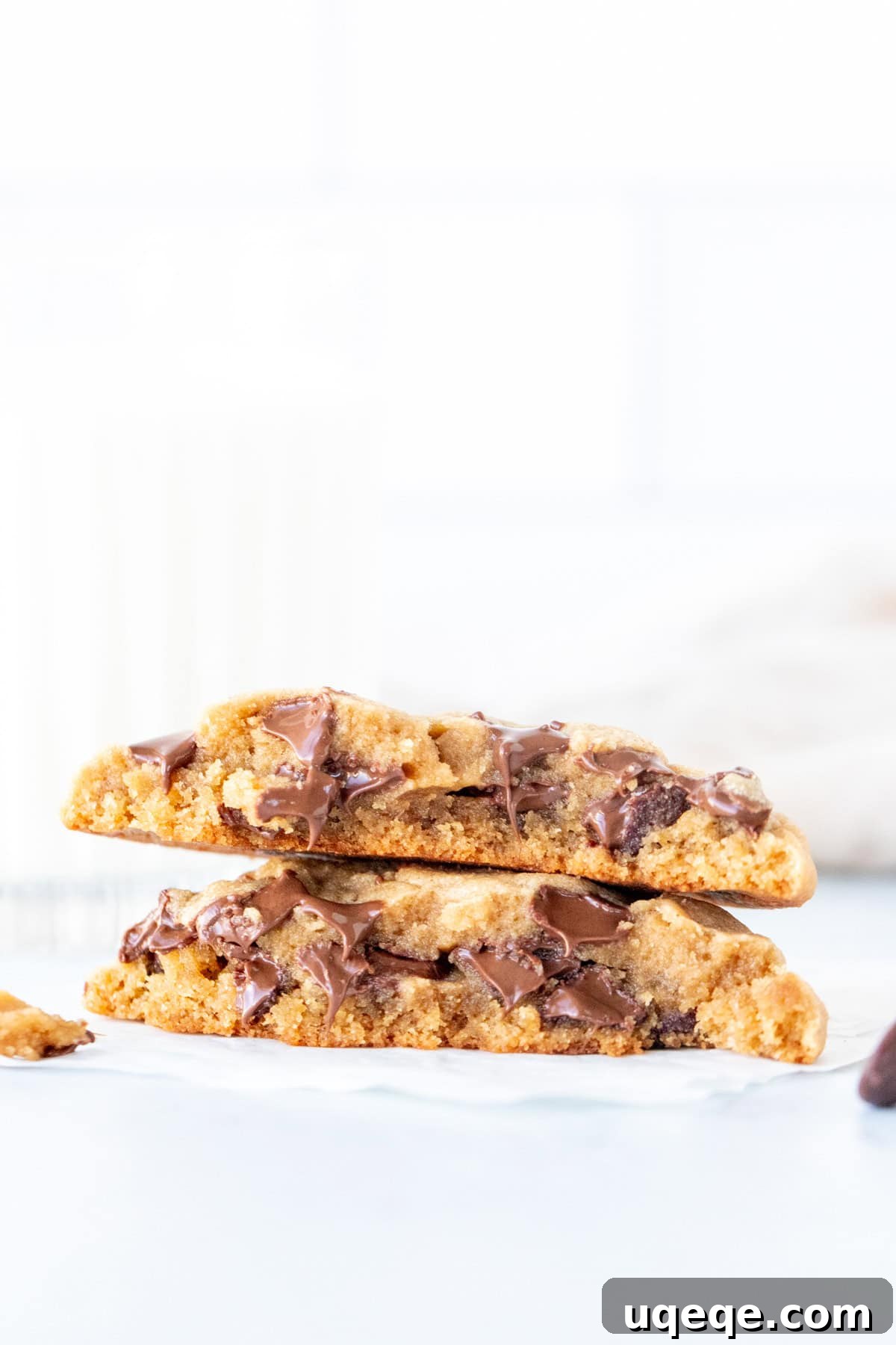 Irresistible Peanut Butter Chocolate Chip Cookies 7 A freshly baked giant peanut butter chocolate chip cookie broken in half, showcasing its gooey chocolate chips and soft, chewy texture.