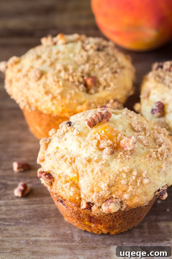 Golden Peach Crumble Muffins 2 Fluffy, buttery, super soft Peach Muffins with Streusel Topping - The combo of fresh summer peaches and crunchy, cinnamon, pecan streusel makes these the perfect peach muffins!