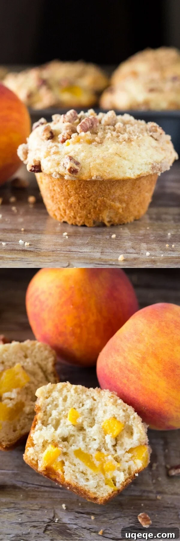 Golden Peach Crumble Muffins 5 Fluffy, buttery, super soft Peach Muffins with Streusel Topping - The combo of fresh summer peaches and crunchy, cinnamon, pecan streusel makes these the perfect peach muffins!