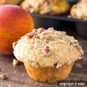 Fluffy, buttery, super soft Peach Muffins with Streusel Topping - The combo of fresh summer peaches and crunchy, cinnamon, pecan streusel makes these the perfect peach muffins!