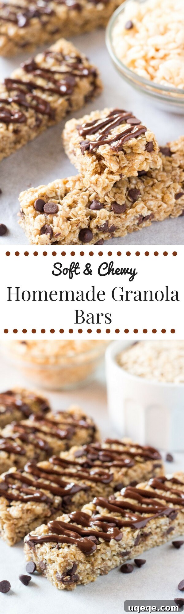 Kitchen-Crafted Granola Treats 4 Soft & chewy, no-bake Homemade Granola Bars with chocolate chips and chocolate drizzle. This peanut free granola bar recipe is so easy and so perfect for back to school!