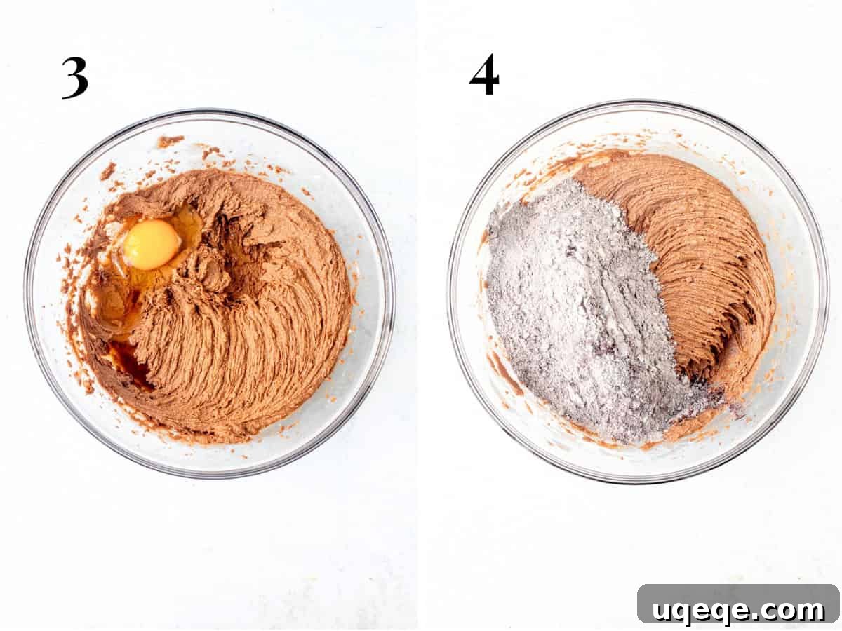 Irresistible Nutella Cookies 4 A bowl showing wet ingredients (butter, sugars, Nutella, egg, vanilla) fully combined, and another bowl with the dry ingredients incorporated into the dough, ready for chocolate chips.