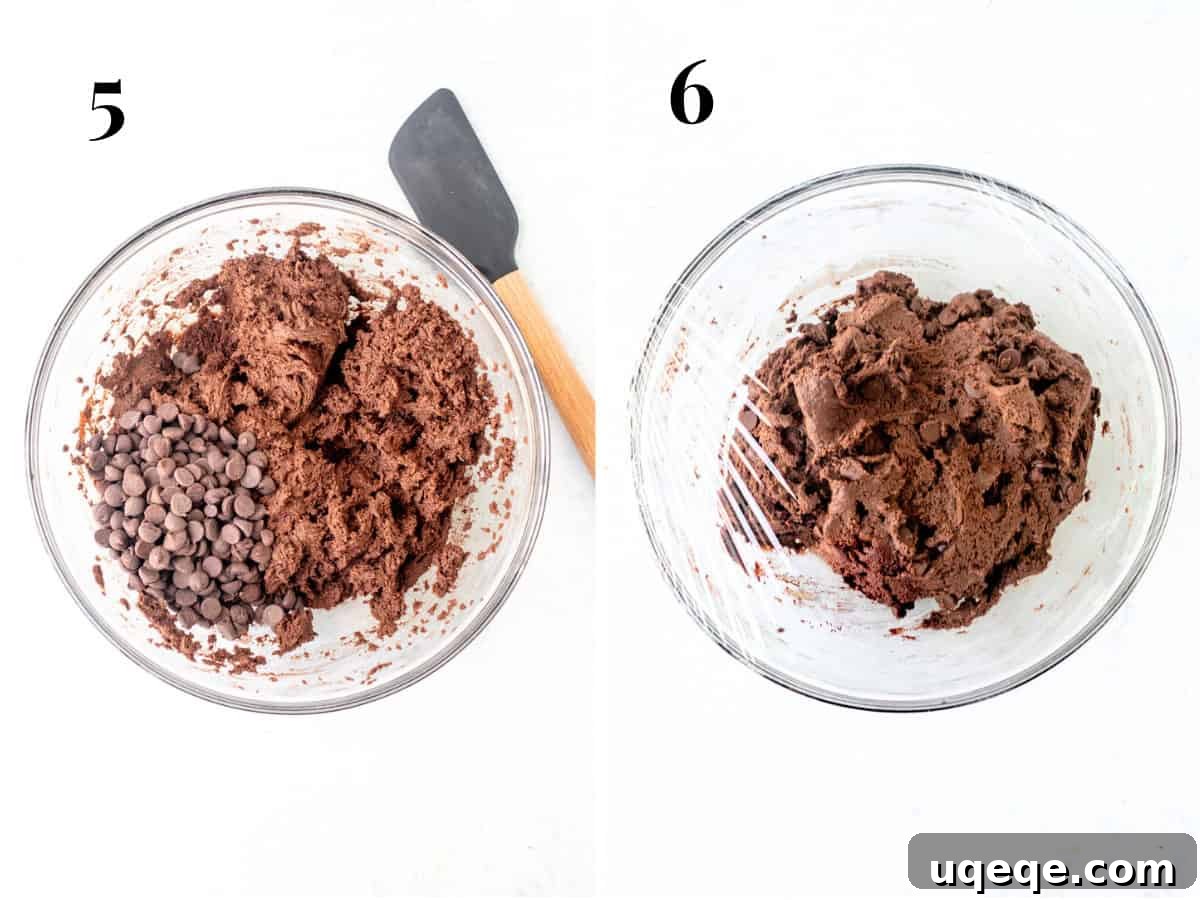 Irresistible Nutella Cookies 5 Bowl of Nutella chocolate cookie dough with chocolate chips folded in, and another bowl of the dough covered with plastic wrap, chilling in the refrigerator.
