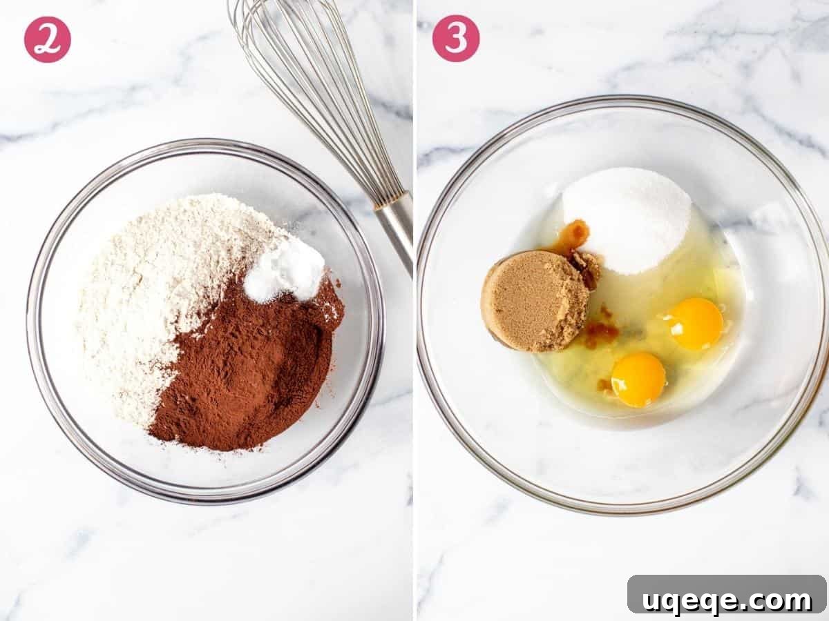 Ultimate Double Chocolate Banana Muffins 3 Two photos showing the process: whisking dry ingredients in one bowl and mixing wet ingredients in another for chocolate banana muffins
