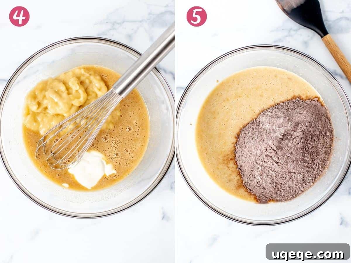 Ultimate Double Chocolate Banana Muffins 4 Two photos illustrating the process of gently folding dry ingredients into wet ingredients for banana chocolate muffin batter