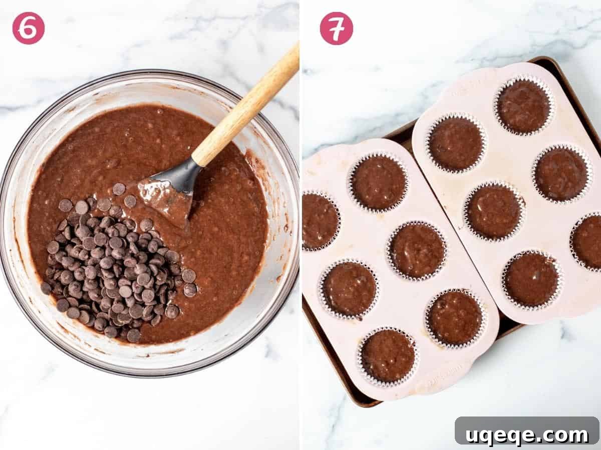 Ultimate Double Chocolate Banana Muffins 5 Bowl of banana chocolate muffin batter next to a muffin tin filled with batter, ready for baking