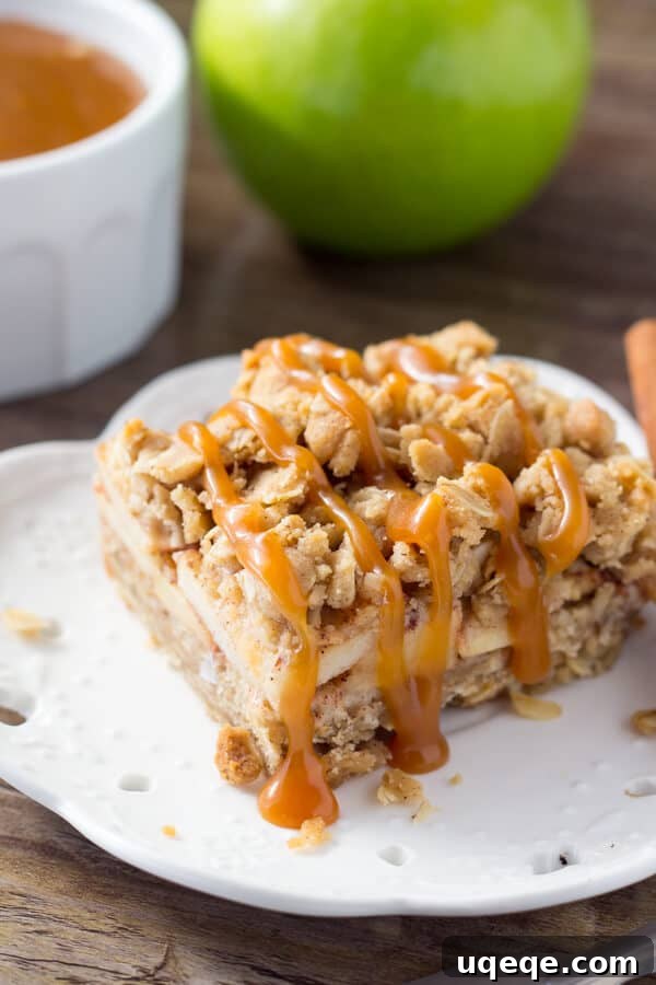Golden Apple Oat Streusel Bars 2 Warm Apple Oatmeal Crumb Bars drizzled with salted caramel sauce, perfect for a cozy fall treat.