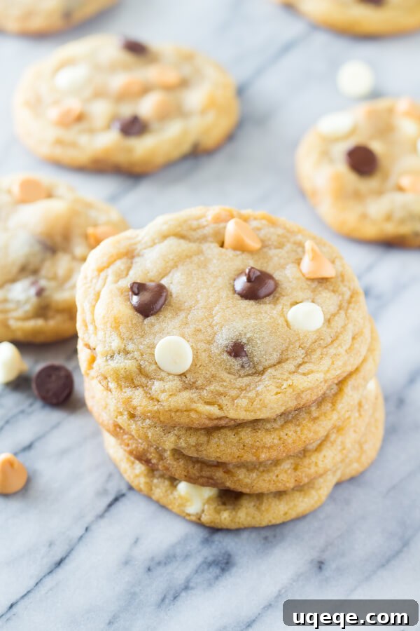 Irresistibly Thin and Chewy Chocolate Chip Cookies 2 Thin and Chewy Chocolate Chip Cookies with a rich caramel undertone, stacked perfectly, and featuring golden-brown edges. A delicious treat that requires no chilling of the dough.