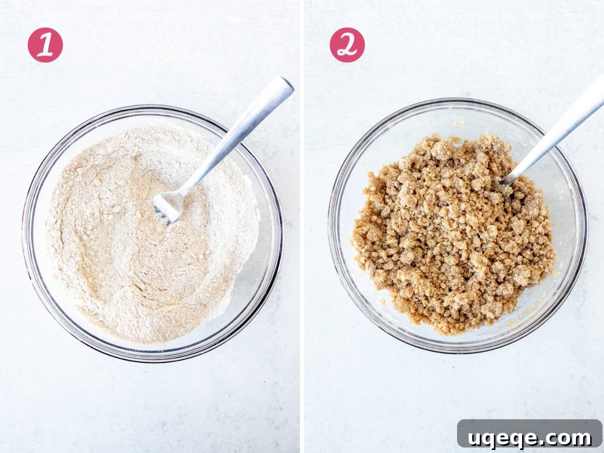 Spiced Pumpkin Crumble Coffee Cake 3 Bowl of dry ingredients whisked together, and bowl of streusel