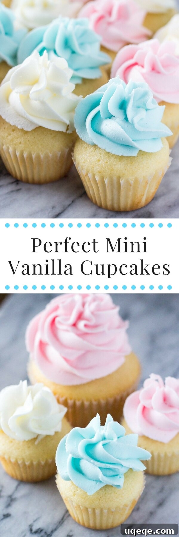 Tiny Vanilla Treats 5 An array of mini vanilla cupcakes adorned with elegant swirls of vanilla buttercream and delicate sprinkles.