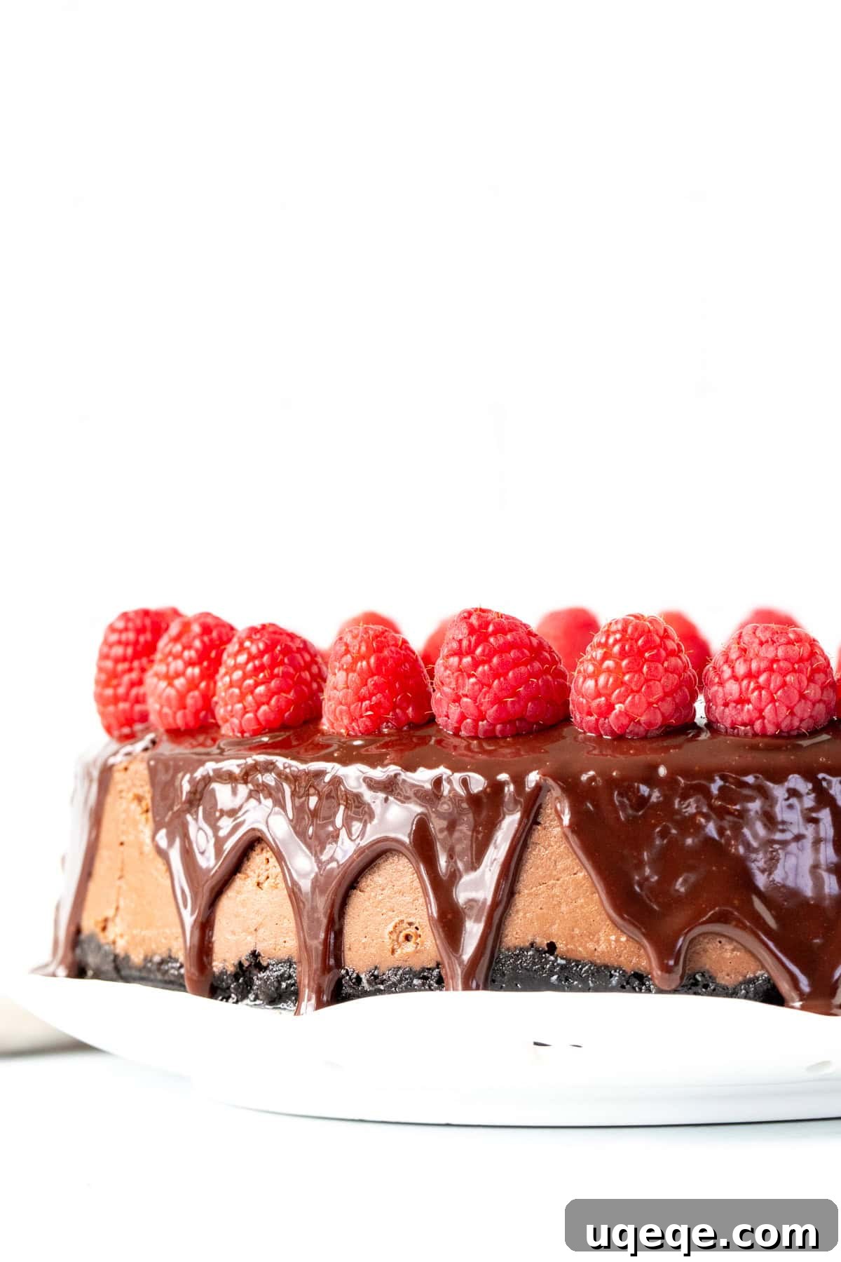 Decadent Chocolate Cheesecake A whole 9-inch round chocolate cheesecake, elegantly topped with chocolate ganache and adorned with fresh berries, ready to be served.